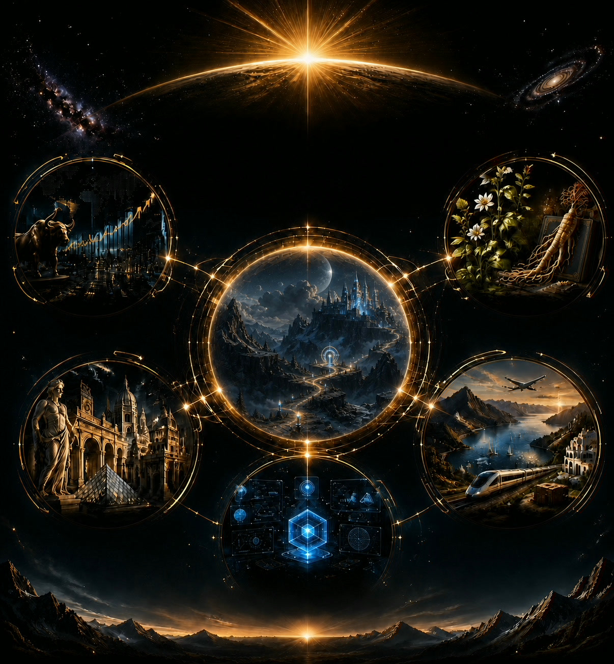 Jiang Finance Universe artwork mapping Finance to the market node, Nature to botanicals, Civilization to architecture, Travel, SHANHE Atlas and WeatherMelody to the landscape and transport node, Games to the central fantasy world, and Digital tools to the lower blue systems node.