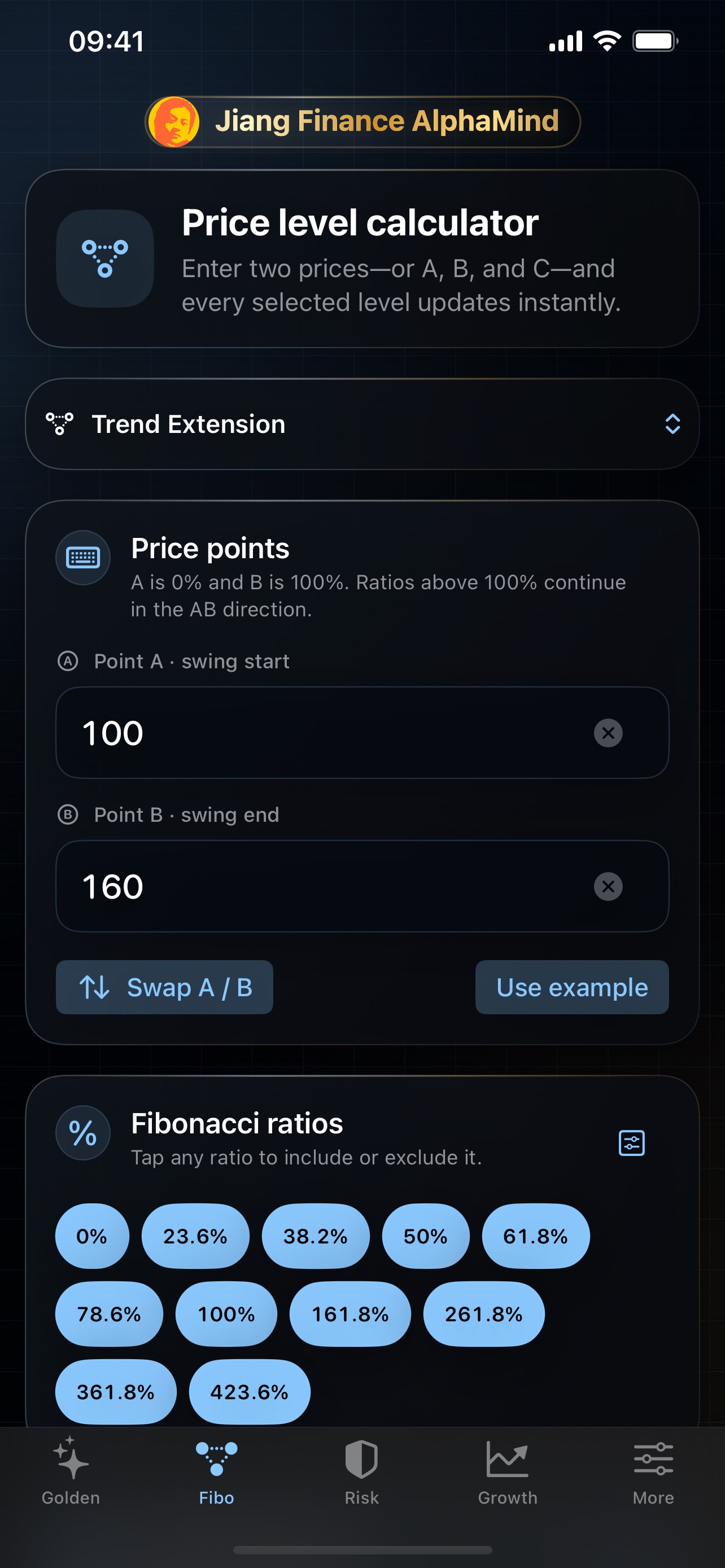 Golden Ratio Investing Tools price level calculator in English on iPhone