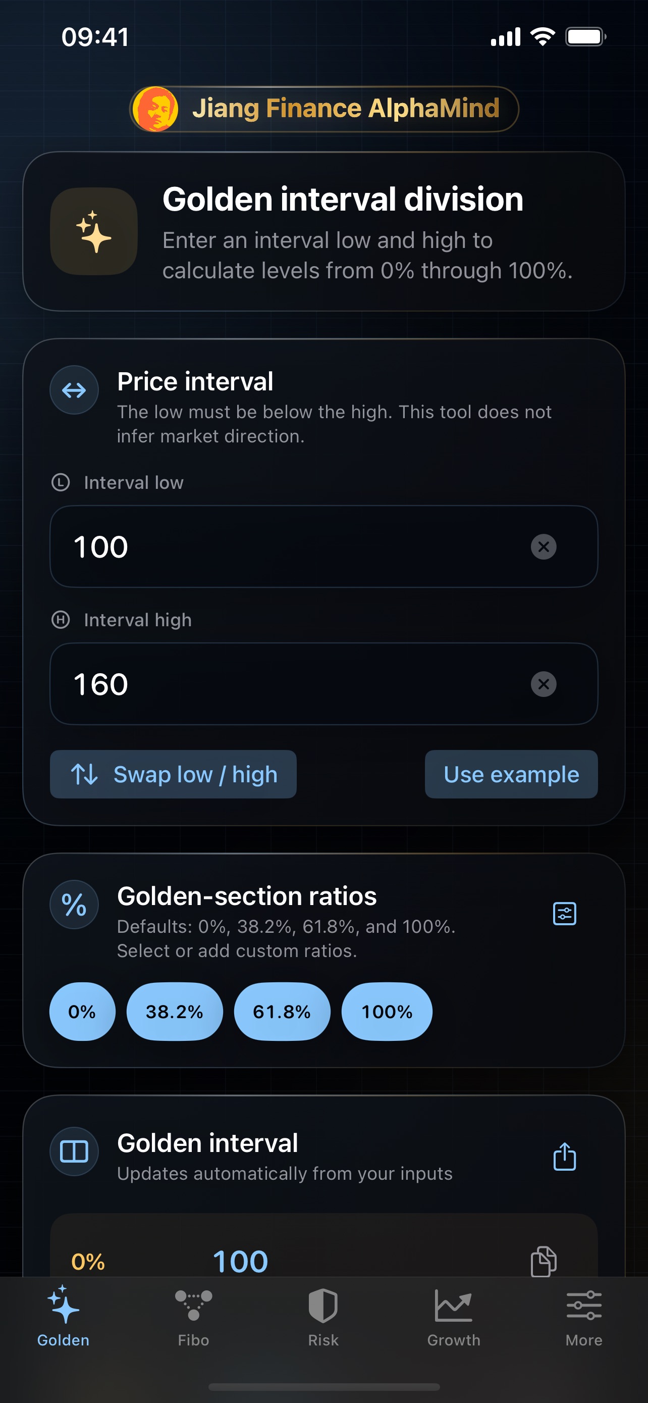 Golden Ratio Investing Tools golden interval division in English on iPhone