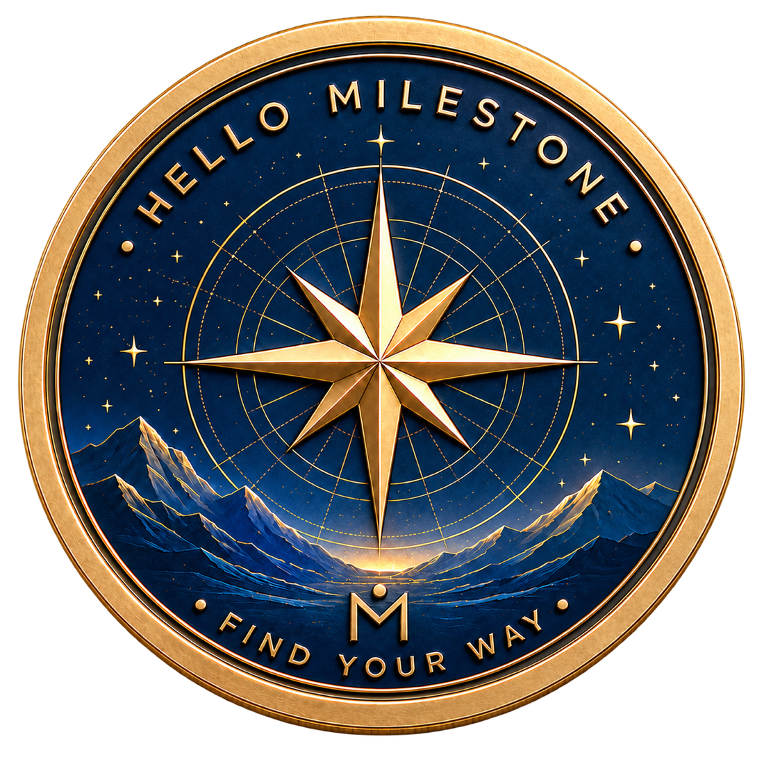 The Hello Milestone Coin, with a champagne-gold compass star above a mountain horizon on deep navy
