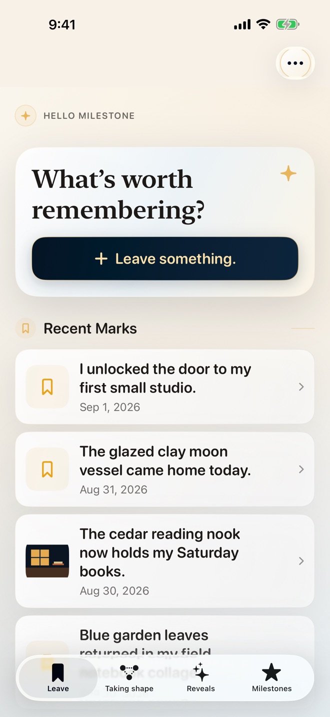 Hello Milestone Leave screen with a text capture field and recent Marks on iPhone
