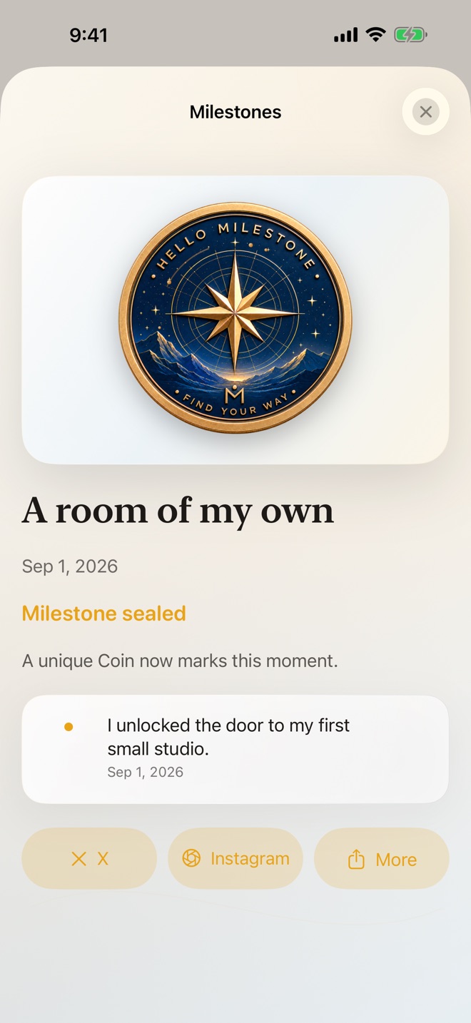 Hello Milestone sealed Coin with direct X and Instagram sharing actions on iPhone