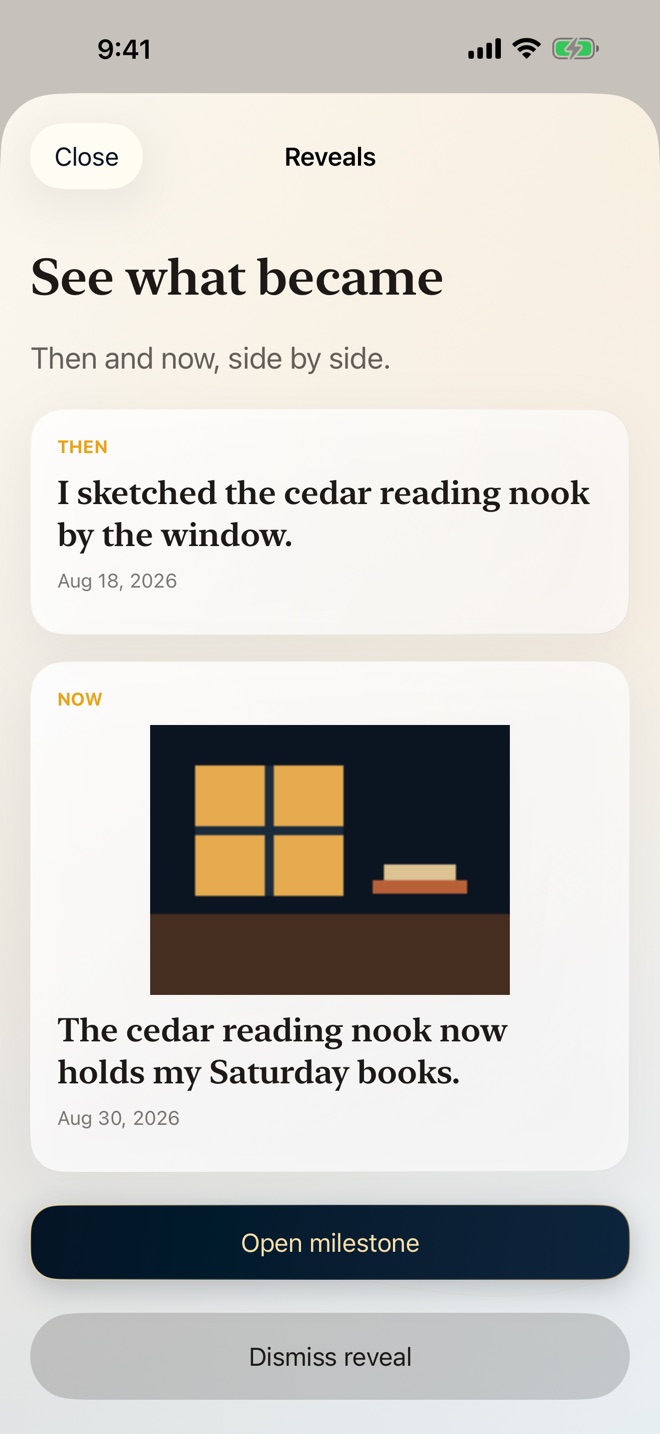 Hello Milestone Then and Now Reveal placing two real moments side by side on iPhone