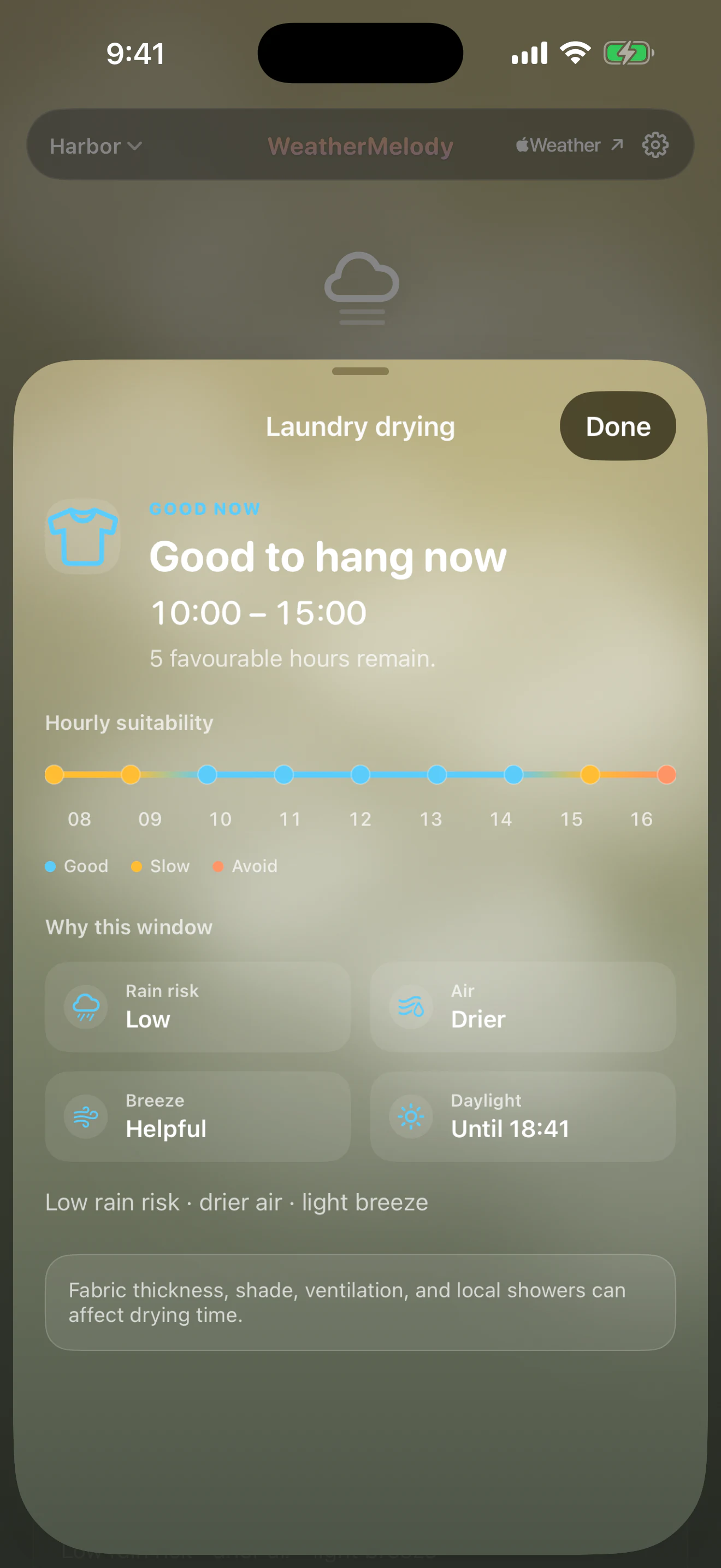 WeatherMelody laundry drying window in English on iPhone