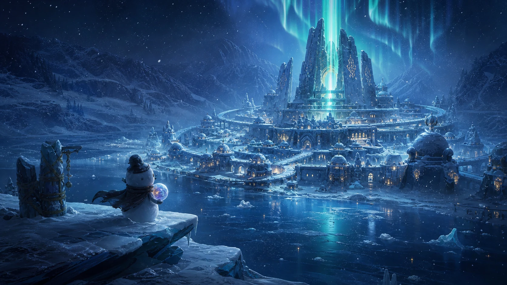 A small snowman hero looks across a frozen lake toward the circular Frozen Capital and its vertical aurora well